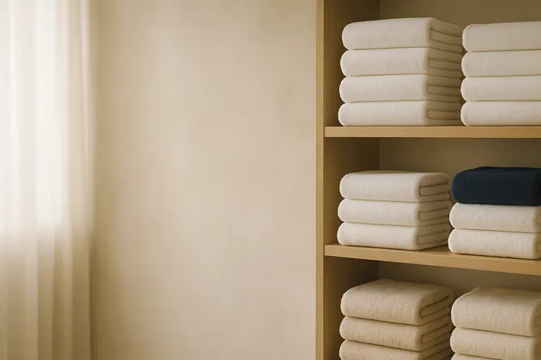 Étagères d'hôtel garnies de serviettes de bain éponge blanches et crème