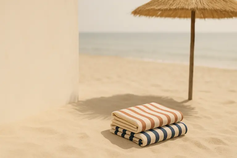 Serviettes de plage rayées pliées sur le sable sous un parasol de paille