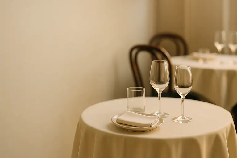 Table de restaurant dressée avec serviette de table pliée et verrerie